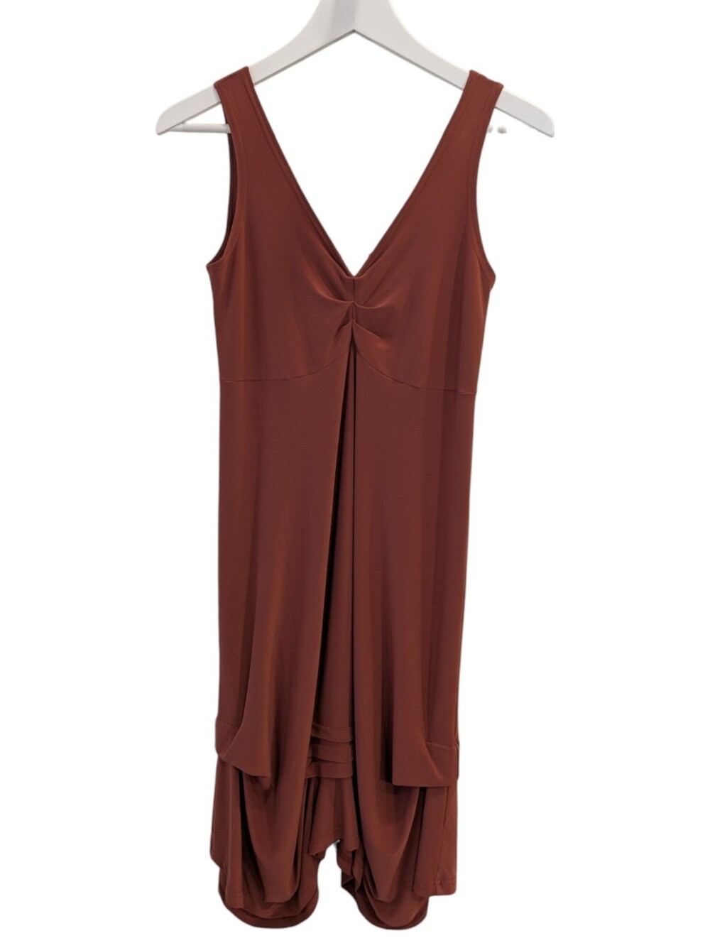 Sympli Midi Dress 8 Rust Terracotta Jersey Sleeveless Draped Asymmetrical Tiered